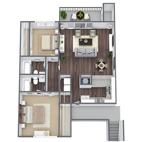 Floor plan for 2 beds, 2 baths, 887 sqft